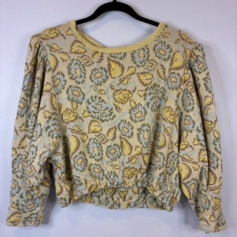 Free People Womens Floral Top L Cotton Yellow Open Back Tie Boho Cottagecore